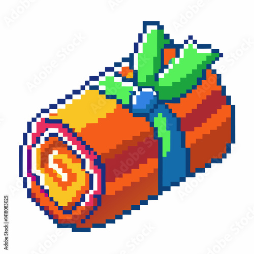 Retro Pixel Art Swiss Roll Cake with Green Leaf Decoration