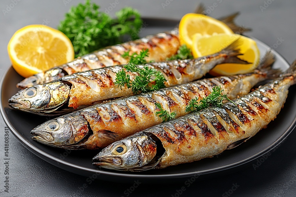 Grilled fish served on a black plate with lemon slices and parsley, showcasing a delicious meal Grilled fish served on a black plate with lemon slices and parsley, showcasing a delicious meal