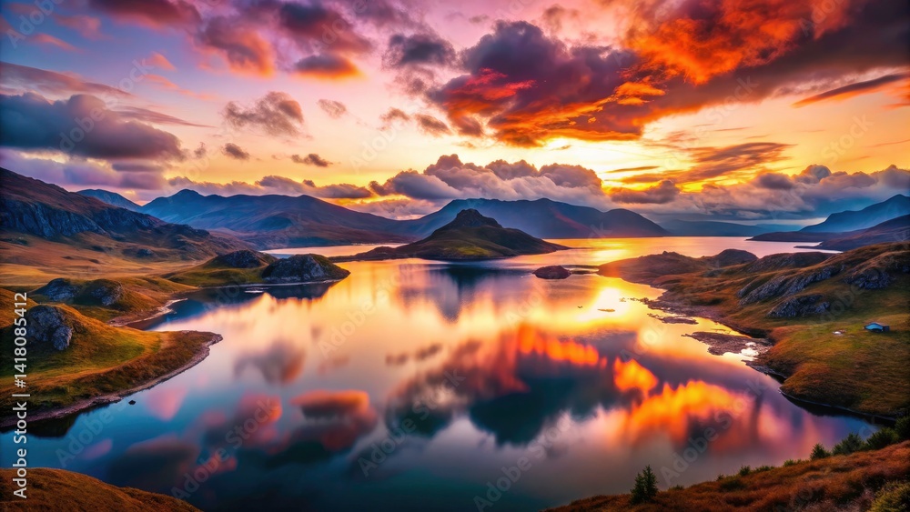 Naklejka premium Stunning Drone Photography: Still Water Lochernhead Scotland - Aerial View, Calm Lake, Scottish Highlands
