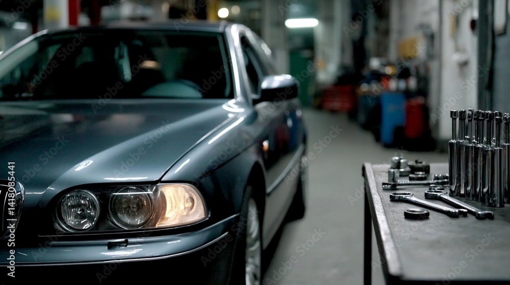 Elegant sedan in a garage. Wrenches & tools sit on a table beside vehicle Elegant sedan in a garage. Wrenches & tools sit on a table beside vehicle