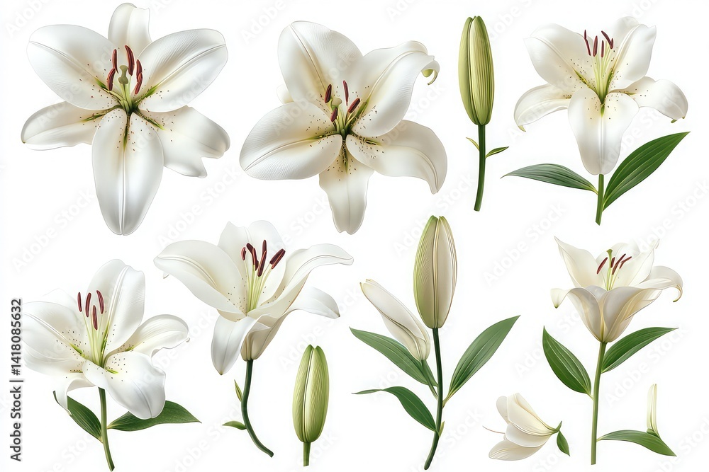 A collection of white lily flower heads isolated against a transparent background A collection of white lily flower heads isolated against a transparent background