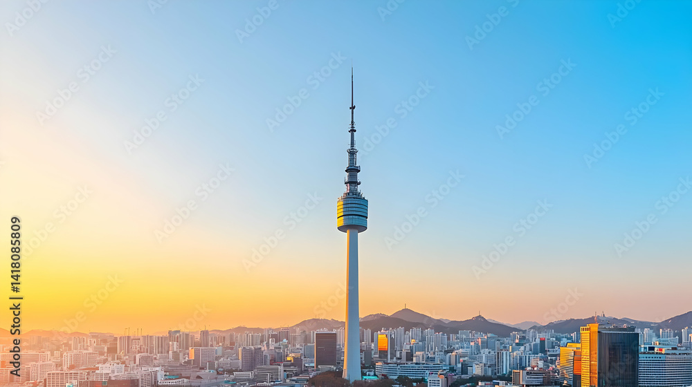 Obraz premium Seoul Cityscape With Communication Tower At Sunrise