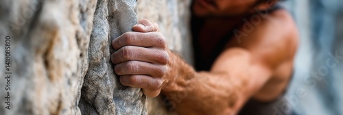 A climber gripping a rocky wall with chalked hands, showcasing determination and strength while conquering natural challenges amidst a breathtaking outdoor landscape.