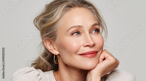 Elegant woman with wavy hair, soft skin, thoughtful look, and gold hoops