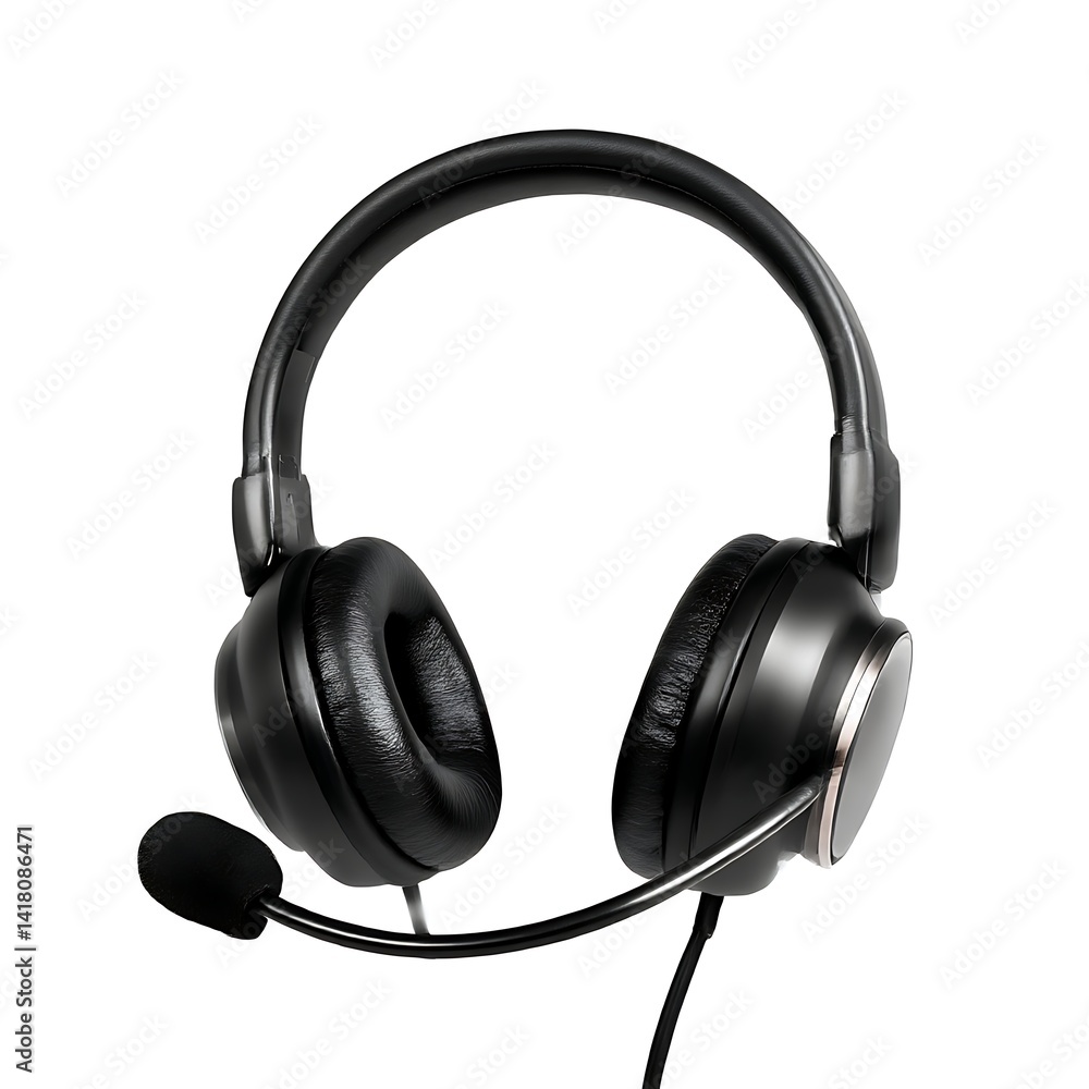 A black headset with a microphone isolated on a white background