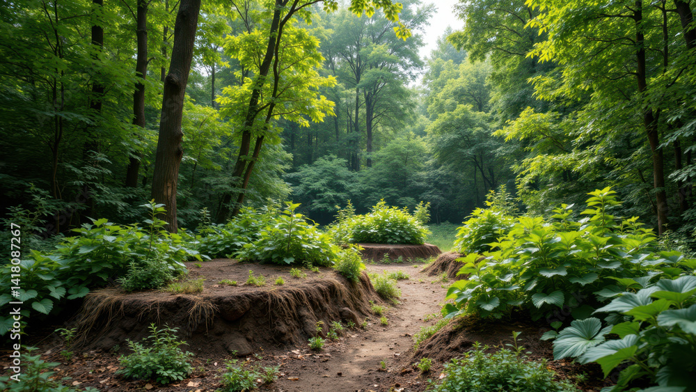 A tranquil forest scene with a clear pathway leading to lush greenery, showcasing sustainable agriculture or permaculture techniques. A tranquil forest scene with a clear pathway leading to lush greenery, showcasing sustainable agriculture or permaculture techniques.