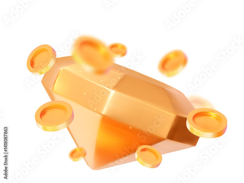 3D golden diamond with flying coins. Premium reward, luxury wealth and financial bonus concept. Vector creative illustration.