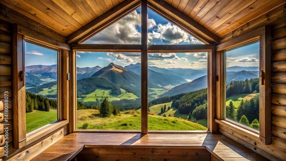 Fototapeta premium Mountain View from Wooden Cabin Window