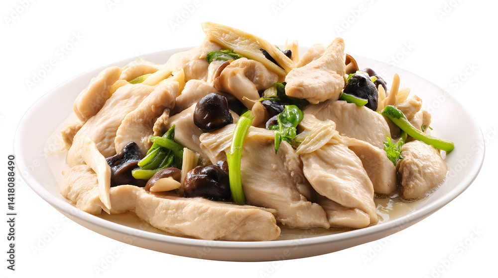 Delicious stir-fried chicken with vegetables and mushrooms on a white plate, displayed artistically and appetizingly Delicious stir-fried chicken with vegetables and mushrooms on a white plate, displayed artistically and appetizingly