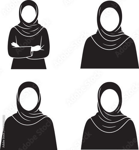 Set Of Black Hijab Silhouette Designs For Islamic Woman Illustration