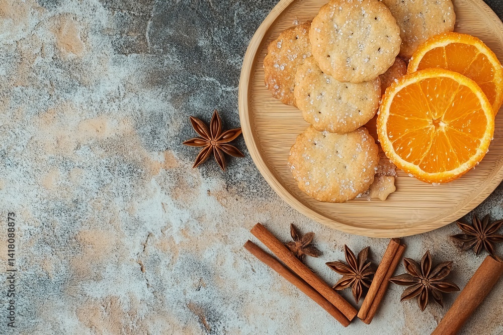 Photo of biscuits and orange marmalade on a wooden plate with star anise and cinnamon sticks against a stone background. Flat lay style. High-quality photo Photo of biscuits and orange marmalade on a wooden plate with star anise and cinnamon sticks against a stone background. Flat lay style. High-quality photo