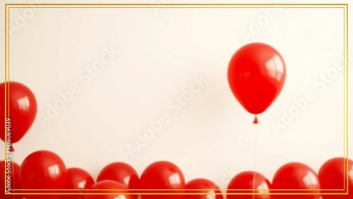 The red gold balloon background is framed with a luxury elegant border on white demonstrating a birt