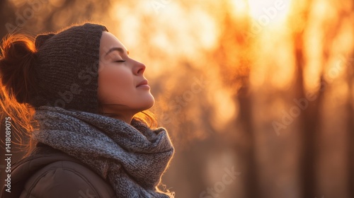 Wallpaper Mural Side view portrait of a relaxed woman breathing fresh air at sunset in the mountain in winter, Pensive relaxed girl thinking in winter looking forward at sunset, generative ai Torontodigital.ca
