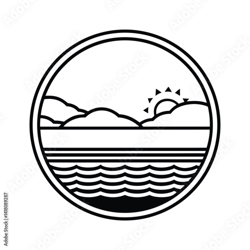 Circular graphic of a sea landscape with a rising sun and rolling waves