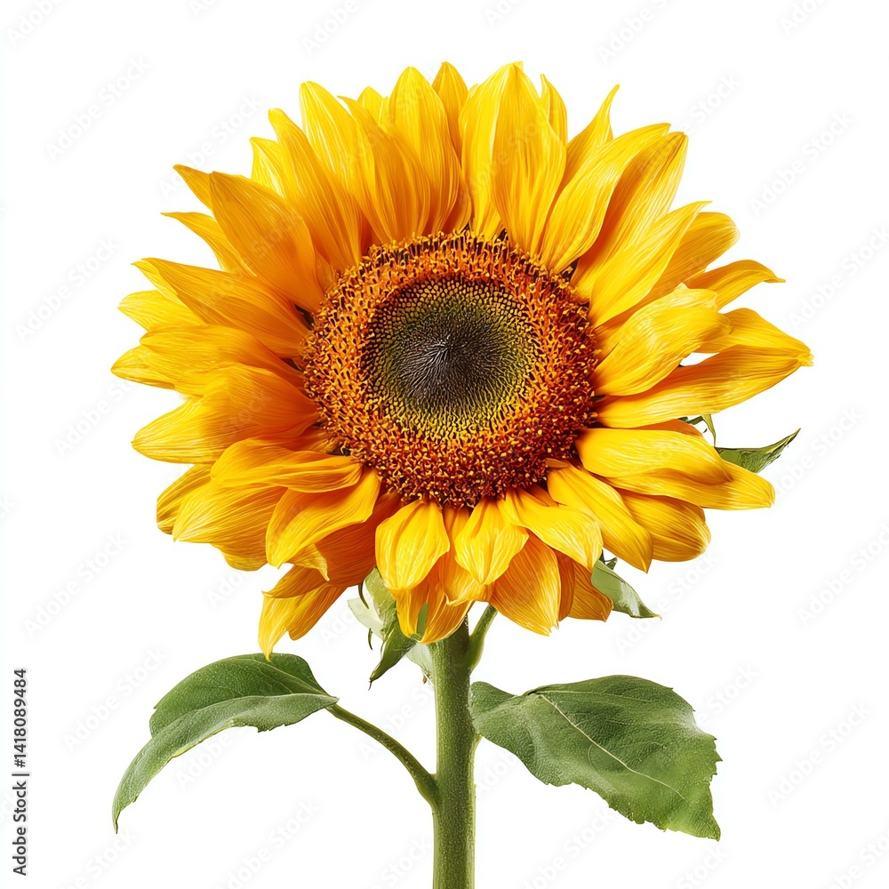 Fototapeta premium Vibrant Yellow Sunflower with Dew Drops on White Background