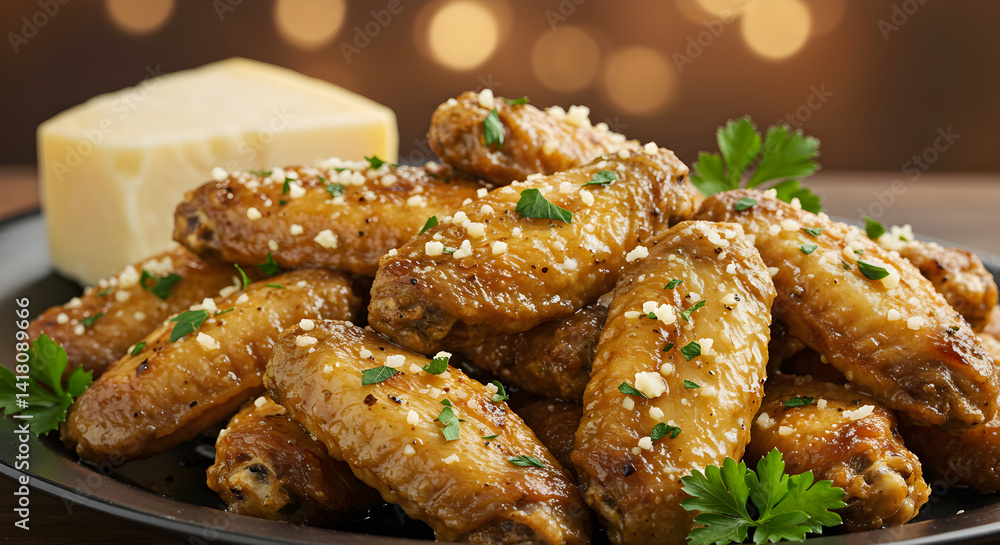 Delicious Garlic Parmesan Chicken Wings Served With Creamy Cheese Block Delicious Garlic Parmesan Chicken Wings Served With Creamy Cheese Block