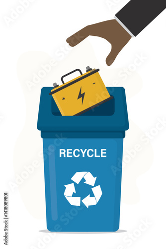 Human hand throw the used car battery into recycling container. concept of garbage processing. Metal trash can for e-waste. Separation garbage, waste management.