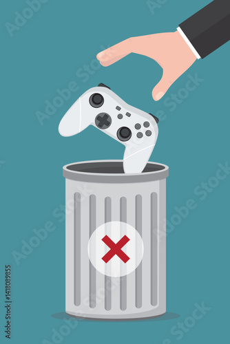 Gamer hand throw game joystick into trash can. Stop playing electronic games. Overcoming gambling addiction. Limiting gaming time, digital detox.