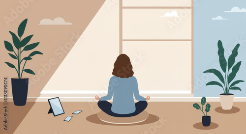 Person meditating in a digital space with calming light patterns and floating mindfulness icons