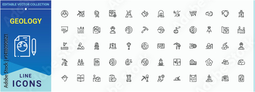 Geology icon set. Containing geological, mining, earth, ground and more. Outline icons collection. Ground linear icon collection. Editable stroke. Vector collection.