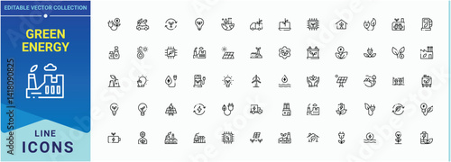 Set of Green Energy line icon. Included power, eco, environmental, sustainable, environment and more. Minimal icons collection. Eco icon set in linear style. Editable stroke. Vector collection.
