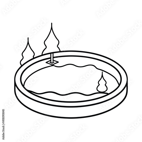Minimalist outline illustration of round hot tub with pine trees black and white