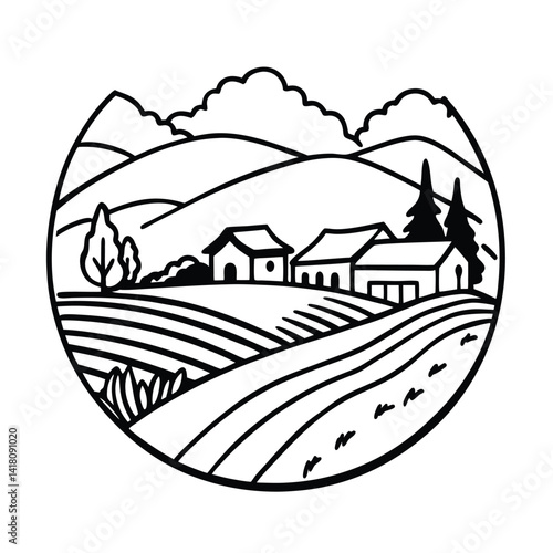 Rural landscape with farmhouses fields and mountains black and white vector illustration