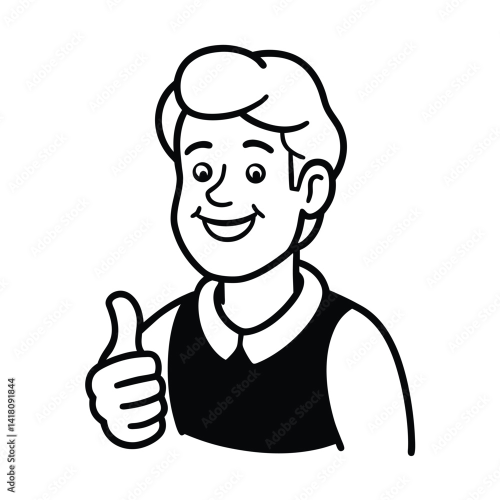 Smiling man with thumbs up gesture positive approval black and white vector illustration Smiling man with thumbs up gesture positive approval black and white vector illustration