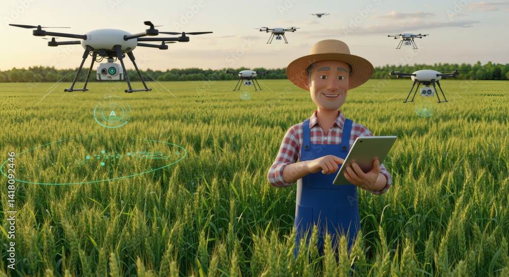 3D photorealistic illustration of a farmer using a tablet while monitoring a field with AI-powered drones, precision farming, agritech, clean technology 3D photorealistic illustration of a farmer using a tablet while monitoring a field with AI-powered drones, precision farming, agritech, clean technology