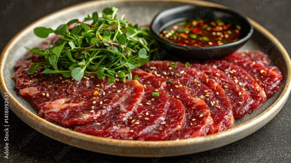 Sliced beef, garnished with greens, served with spicy sauce, on a plate, dark background Sliced beef, garnished with greens, served with spicy sauce, on a plate, dark background