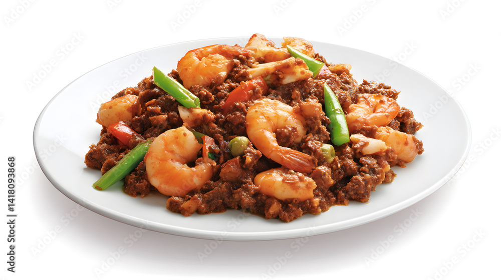 Shrimp Dish with Vegetables and Savory Sauce on a White Plate, Perfect for Culinary Art and Food Photography Shrimp Dish with Vegetables and Savory Sauce on a White Plate, Perfect for Culinary Art and Food Photography