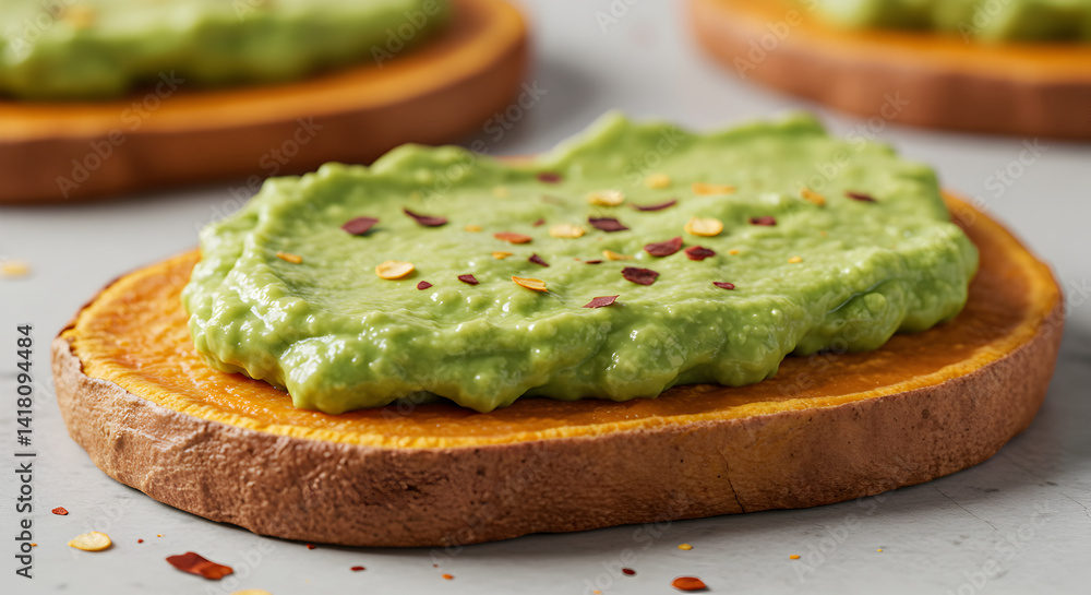Sweet Potato Toast With Avocado Spread Garnished With Chili Flakes Sweet Potato Toast With Avocado Spread Garnished With Chili Flakes