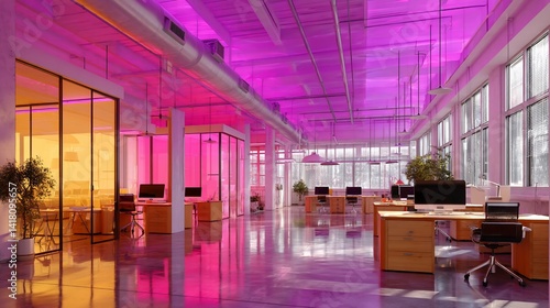 Modern office with purple lighting, creating a unique and vibrant work space