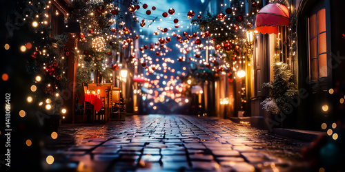 A magical winter street scene at night, illuminated by festive Christmas lights and decorations, creating a warm and cozy holiday atmosphere.