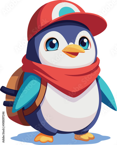 A cute cartoon penguin, a funny winter bird character, holds a blank sign in the cold snow, perfect for a holiday illustration