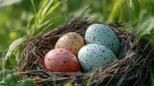 Colorful eggs in meadow