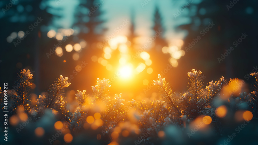 Naklejka premium Sun shines brightly through pines creating a warm light with bokeh effect Winter beauty is on display with snow covere