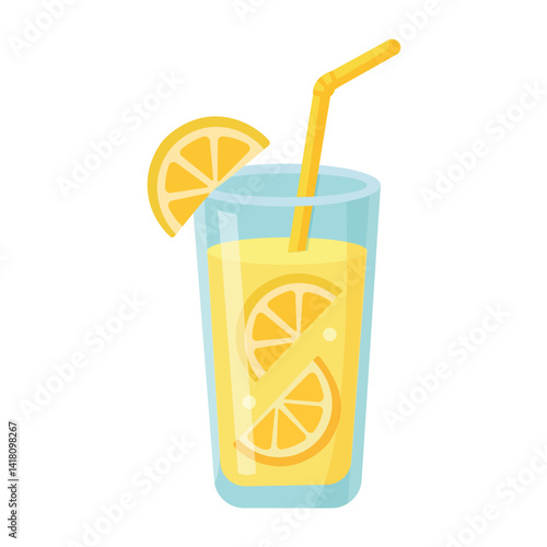 Flat vector illustration of a glass of fresh lemonade with straw and lemon slices, isolated on white background