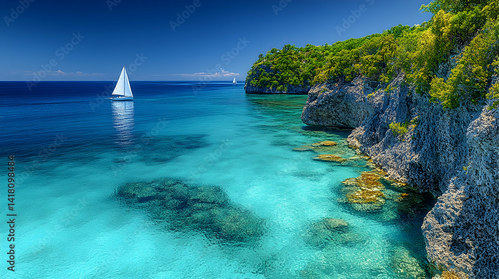 Fototapeta premium Turquoise sea waters meet rocky cliffs with lush vegetation under a vibrant blue sky featuring sailboats sailing along