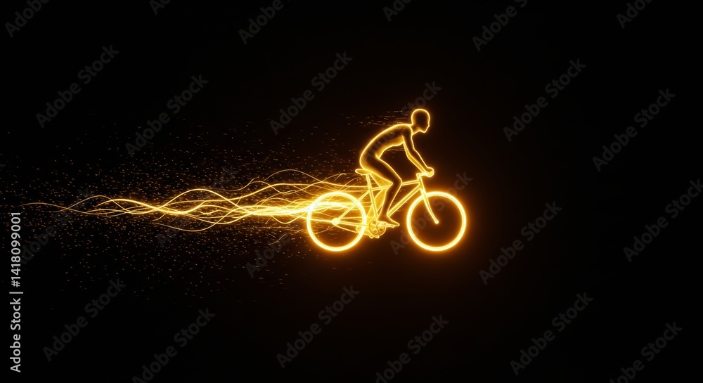 Ethereal cyclist pedaling on glowing bike leaving trails of light in dark space Ethereal cyclist pedaling on glowing bike leaving trails of light in dark space