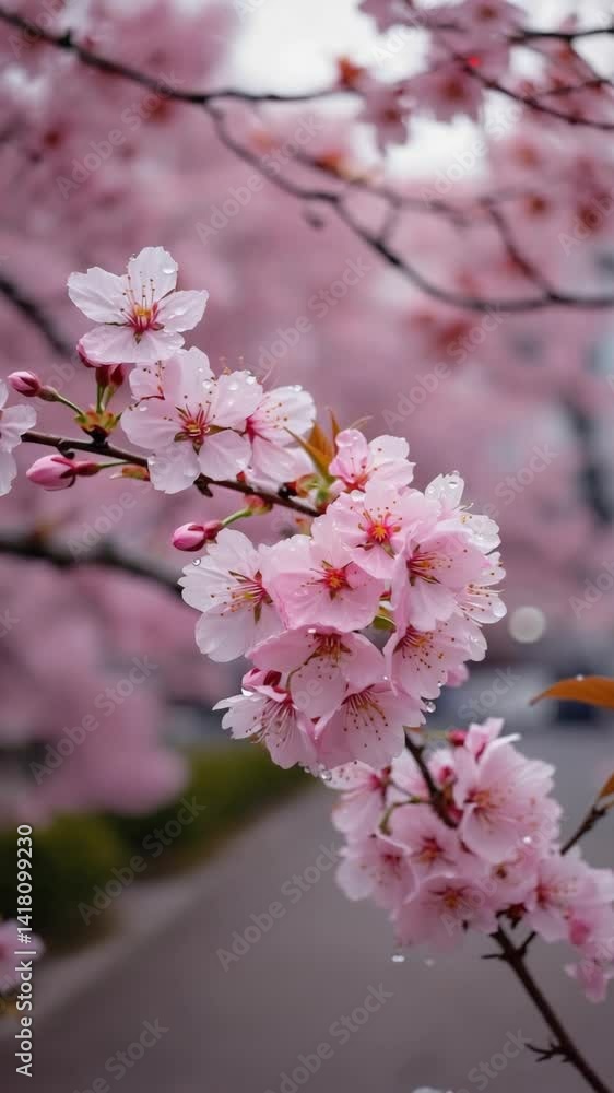 Close up of delicate pink cherry blossoms covered in raindrops on a flowering tree branch in spring Close up of delicate pink cherry blossoms covered in raindrops on a flowering tree branch in spring