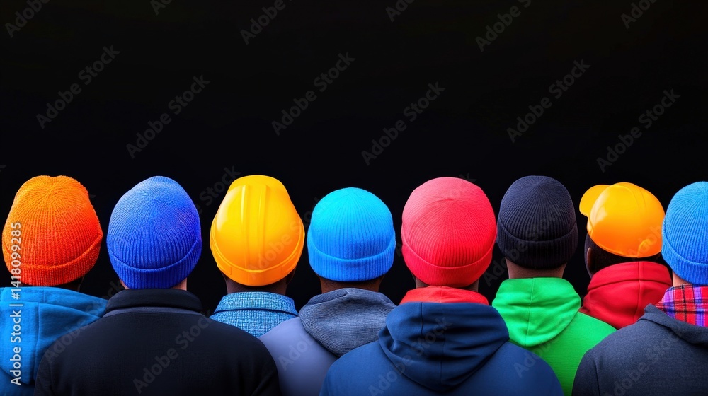 A diverse group of individuals stands together, their backs turned, wearing a variety of colorful hats. The contrast with the black background highlights the vibrant hues