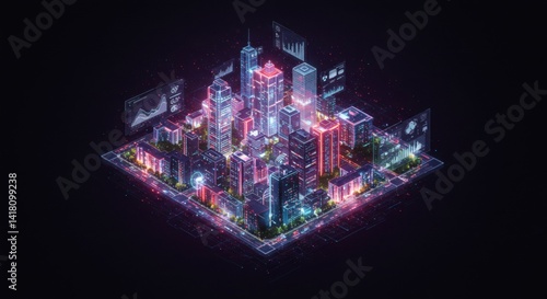 Isometric view of a futuristic city with glowing buildings and data visualizations on screens around it