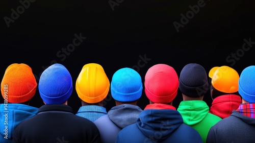 Obraz na płótnie A diverse group of individuals stands together, their backs turned, wearing a variety of colorful hats. The contrast with the black background highlights the vibrant hues w salonie
