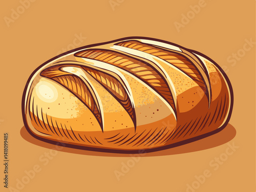 A professional vector of freshly baked loaf bread with visible scoring lines, placed on a solid warm beige background