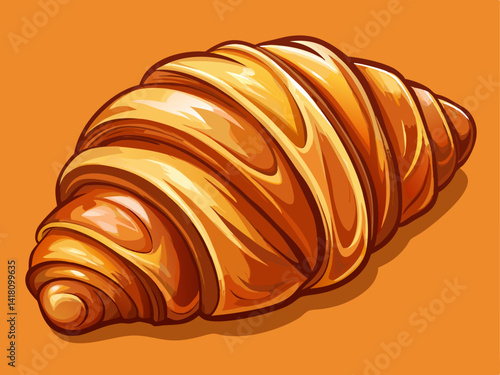 A professional vector of a realistic croissant with detailed folds and shine, placed on a solid pastel orange background