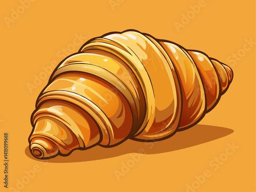A professional vector of a realistic croissant with detailed folds and shine, placed on a solid pastel orange background