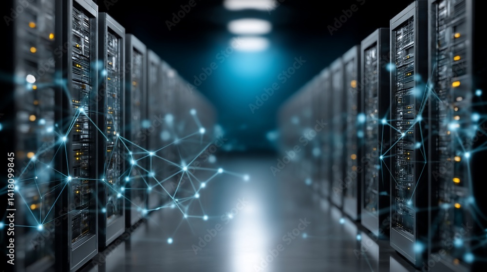 Fototapeta premium Server room with network connections; dark, sleek, and filled with technology