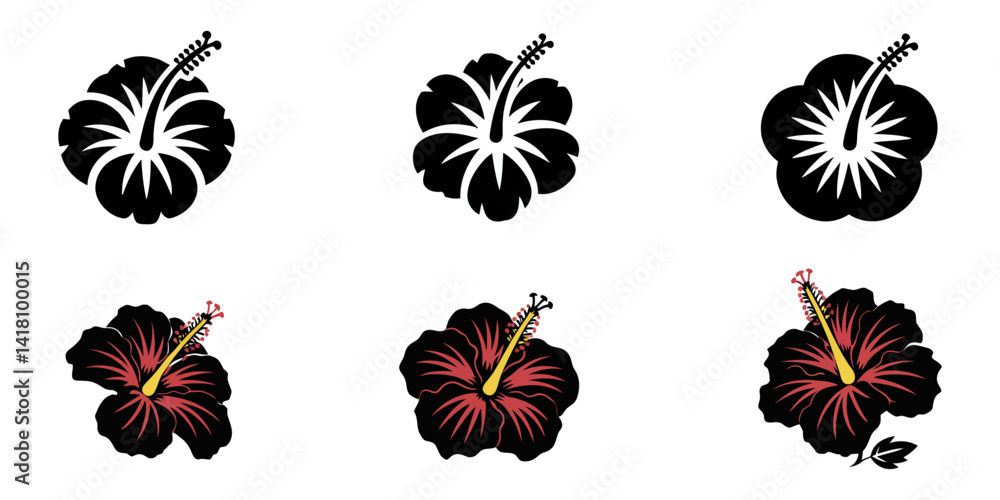 Fototapeta premium Hibiscus, Set of hibiscus. Collection of tropical chaba flower buds. Set of silhouettes of tropical flowers. Black and white drawing of spring plants. Tattoo, set of black and white flowers. Hibiscus