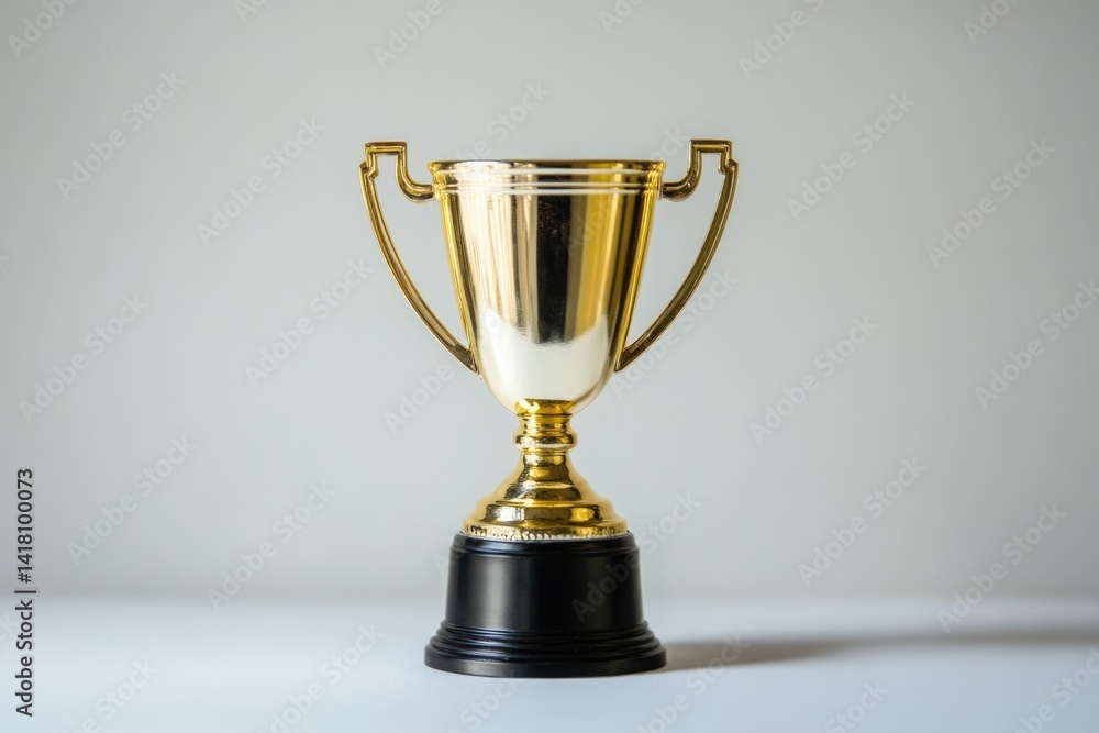 A gleaming gold trophy with a black base sits on a white surface, symbolizing achievement and success. A gleaming gold trophy with a black base sits on a white surface, symbolizing achievement and success.